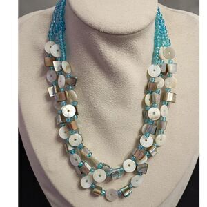 Vintage Layered Fashion Necklace 3 strands with Mother of Pearl & Abalone Shell